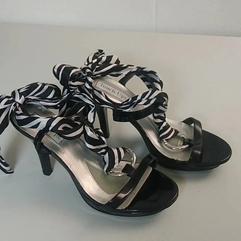 Touch Ups Black patent, ankle bow tie, silver, front platform heeled shoe